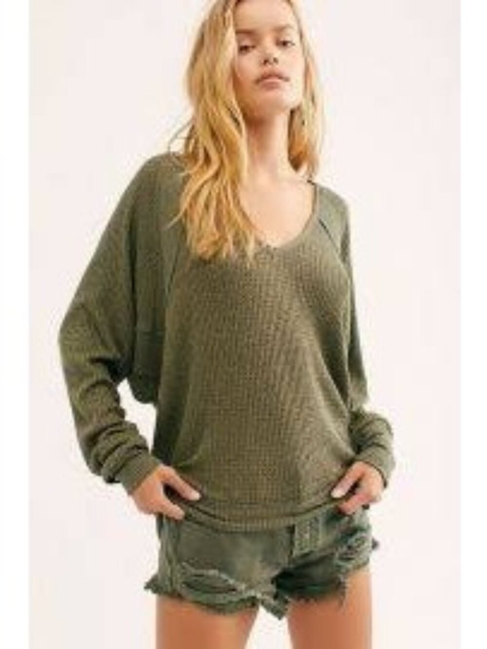 We The Free Olive Green Thermal Waffle Knit Sweater Jersey S Oversized Casual